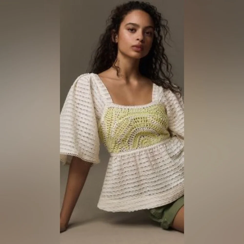 Sarah Hann white and yellow crochet top 20911